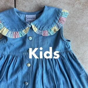 Vintage 80s Samara Kids Casual Denim Dress with Striped Collar